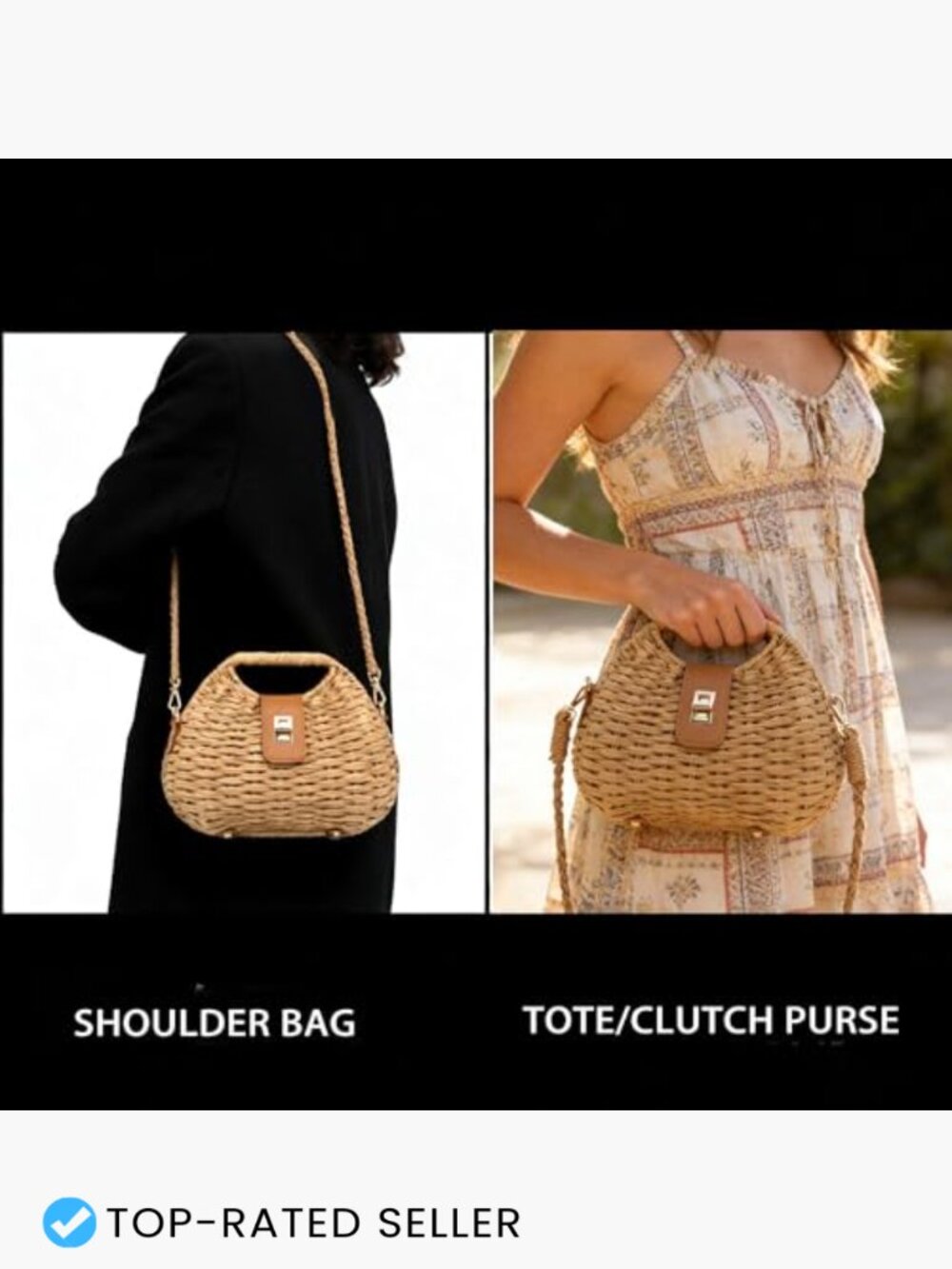 Woven Straw Tote Crossbody Bag Lightweight Handmade Summer Beach Clutch - Picture 3 of 7